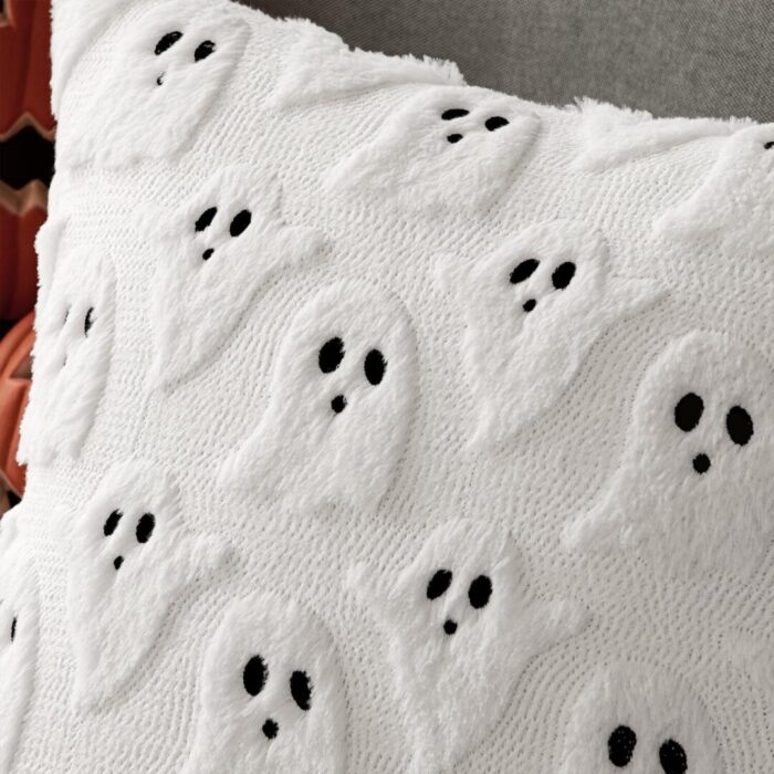 Set of 2 Halloween Ghost Pillow Covers - Soft Plush Faux Fur Decorative Cushions for Spooky Home Decor - 18x18 Inch White Throw Pillows for Couch, Sofa, Bed, and Porch - Image 6