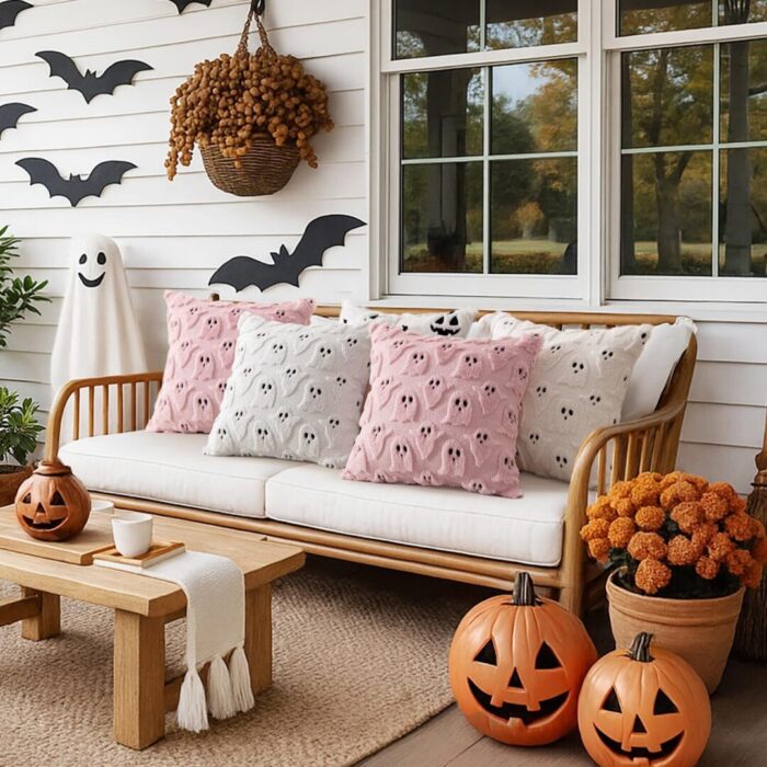 Set of 2 Halloween Ghost Pillow Covers - Soft Plush Faux Fur Decorative Cushions for Spooky Home Decor - 18x18 Inch White Throw Pillows for Couch, Sofa, Bed, and Porch - Image 3