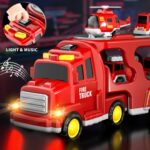 5-in-1 Fire Truck Toy Set for Toddlers Ages 1-5 - Red Carrier with Lights, Sounds, Mini Helicopter, and Crane Cars - Image 4