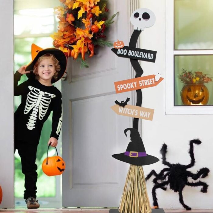 Lighted Wooden Witch's Broom - Spooky Halloween Decor for Indoor & Outdoor Porches and Yards - Image 5