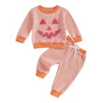 Toddler Boys Halloween 2-Piece Set: Long Sleeve Pumpkin Embroidery Top with Striped Pants - Image 6
