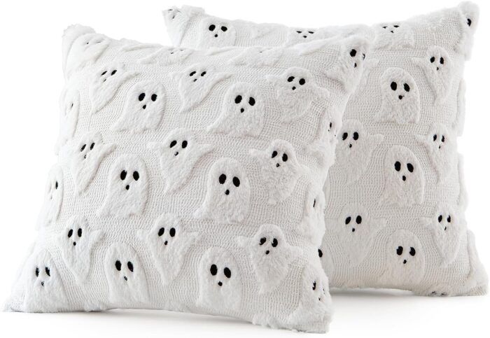 Set of 2 Halloween Ghost Pillow Covers - Soft Plush Faux Fur Decorative Cushions for Spooky Home Decor - 18x18 Inch White Throw Pillows for Couch, Sofa, Bed, and Porch - Image 8