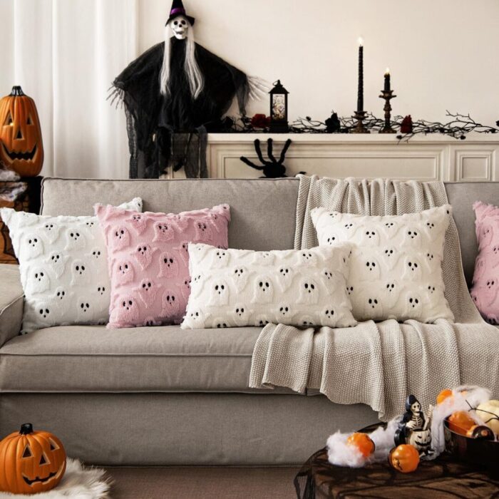 Set of 2 Halloween Ghost Pillow Covers - Soft Plush Faux Fur Decorative Cushions for Spooky Home Decor - 18x18 Inch White Throw Pillows for Couch, Sofa, Bed, and Porch - Image 5