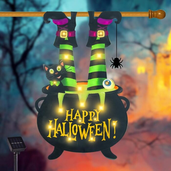 Illuminate Your Halloween Spirit with Our LED Solar Garden Flag - 8 Modes Witch Feet Design, Double-Sided Cauldron & Eyeball Black Cat Decor for Your Porch! - Image 10