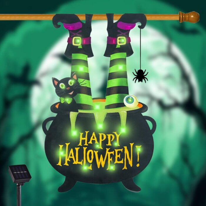 Illuminate Your Halloween Spirit with Our LED Solar Garden Flag - 8 Modes Witch Feet Design, Double-Sided Cauldron & Eyeball Black Cat Decor for Your Porch! - Image 15