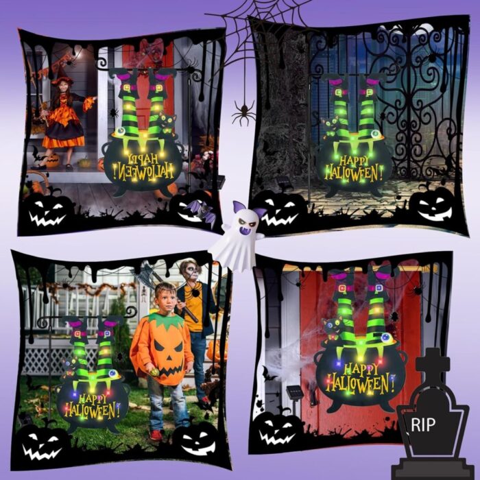 Illuminate Your Halloween Spirit with Our LED Solar Garden Flag - 8 Modes Witch Feet Design, Double-Sided Cauldron & Eyeball Black Cat Decor for Your Porch! - Image 7