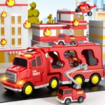5-in-1 Fire Truck Toy Set for Toddlers Ages 1-5 - Red Carrier with Lights, Sounds, Mini Helicopter, and Crane Cars - Image 6