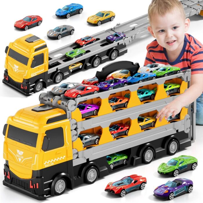 Large Transporter Truck Toy Set with 24 Alloy Sports Cars - Educational Inertial Vehicle Gifts for Children - Image 3