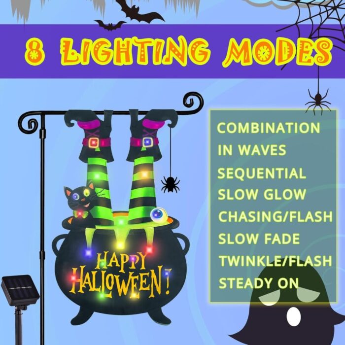 Illuminate Your Halloween Spirit with Our LED Solar Garden Flag - 8 Modes Witch Feet Design, Double-Sided Cauldron & Eyeball Black Cat Decor for Your Porch! - Image 5