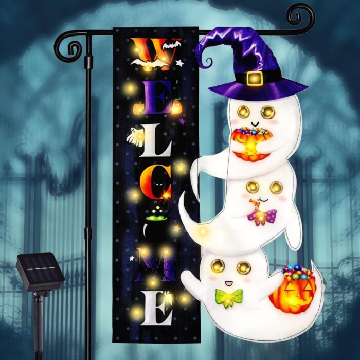 Illuminate Your Halloween Spirit with Our LED Solar Garden Flag - 8 Modes Witch Feet Design, Double-Sided Cauldron & Eyeball Black Cat Decor for Your Porch! - Image 17
