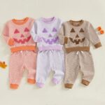 Toddler Boys Halloween 2-Piece Set: Long Sleeve Pumpkin Embroidery Top with Striped Pants