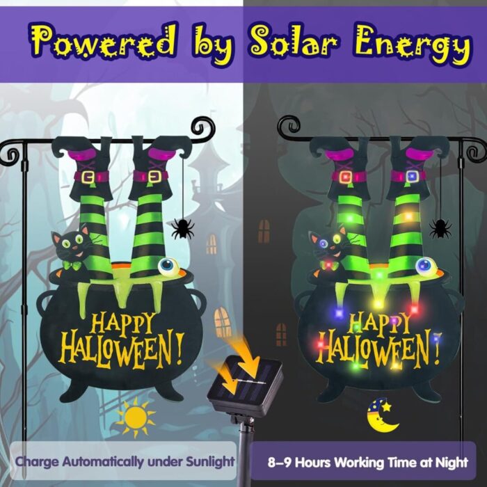 Illuminate Your Halloween Spirit with Our LED Solar Garden Flag - 8 Modes Witch Feet Design, Double-Sided Cauldron & Eyeball Black Cat Decor for Your Porch! - Image 2