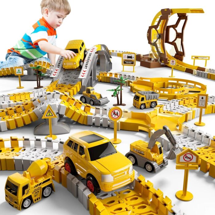 Engineering Race Track Playset for Boys - 6 Piece Set of Construction Vehicles and Flexible Track Design - Image 2