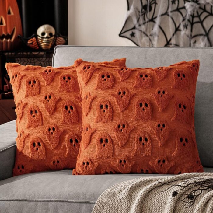 Set of 2 Halloween Ghost Pillow Covers - Soft Plush Faux Fur Decorative Cushions for Spooky Home Decor - 18x18 Inch White Throw Pillows for Couch, Sofa, Bed, and Porch - Image 9