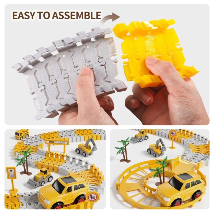 Engineering Race Track Playset for Boys - 6 Piece Set of Construction Vehicles and Flexible Track Design - Image 4