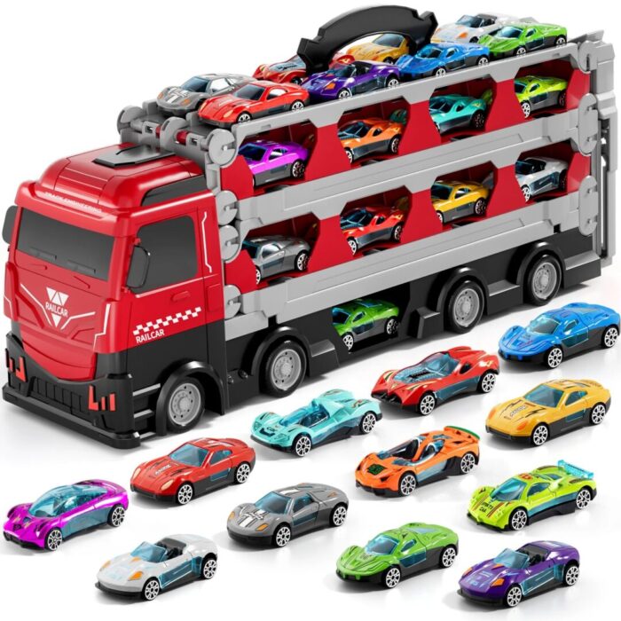 Large Transporter Truck Toy Set with 24 Alloy Sports Cars - Educational Inertial Vehicle Gifts for Children - Image 8