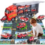 Children's Transport Truck Fire Vehicle Playset with Play Mat - 6 Mini Car Models and Fire Truck Racing Toys