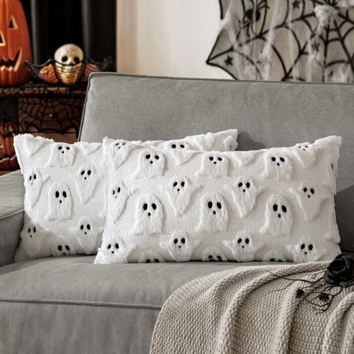 Set of 2 Halloween Ghost Pillow Covers - Soft Plush Faux Fur Decorative Cushions for Spooky Home Decor - 18x18 Inch White Throw Pillows for Couch, Sofa, Bed, and Porch - Image 12