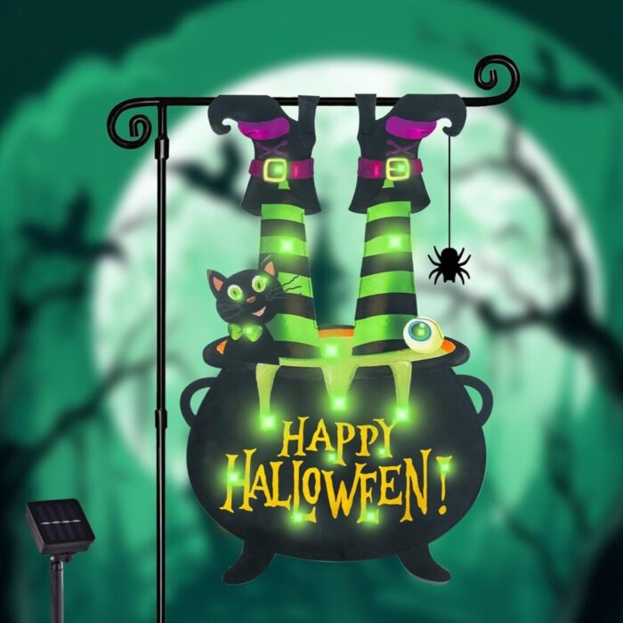Illuminate Your Halloween Spirit with Our LED Solar Garden Flag - 8 Modes Witch Feet Design, Double-Sided Cauldron & Eyeball Black Cat Decor for Your Porch! - Image 8