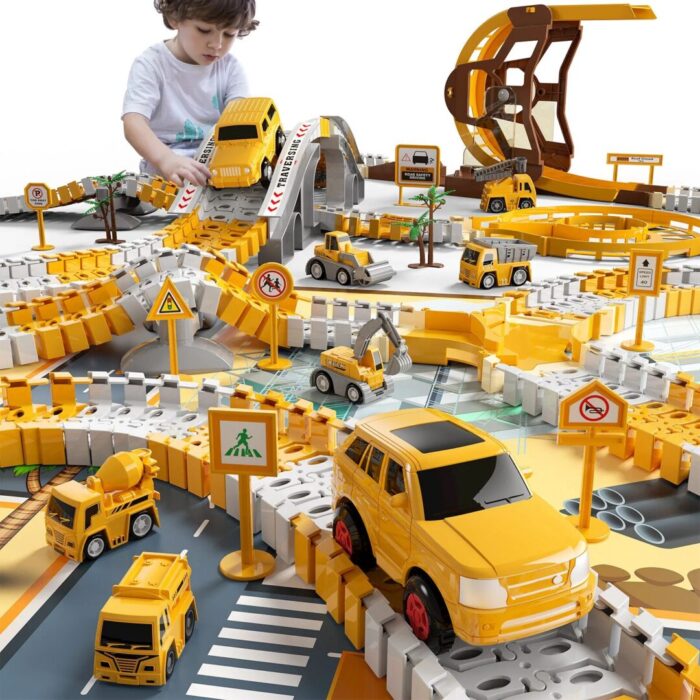Engineering Race Track Playset for Boys - 6 Piece Set of Construction Vehicles and Flexible Track Design - Image 1