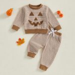 Toddler Boys Halloween 2-Piece Set: Long Sleeve Pumpkin Embroidery Top with Striped Pants - Image 3