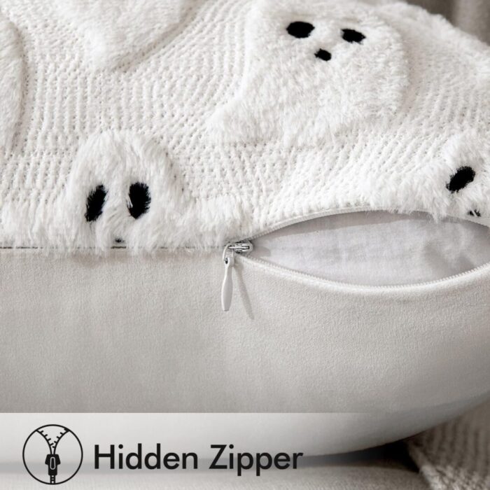 Set of 2 Halloween Ghost Pillow Covers - Soft Plush Faux Fur Decorative Cushions for Spooky Home Decor - 18x18 Inch White Throw Pillows for Couch, Sofa, Bed, and Porch - Image 7