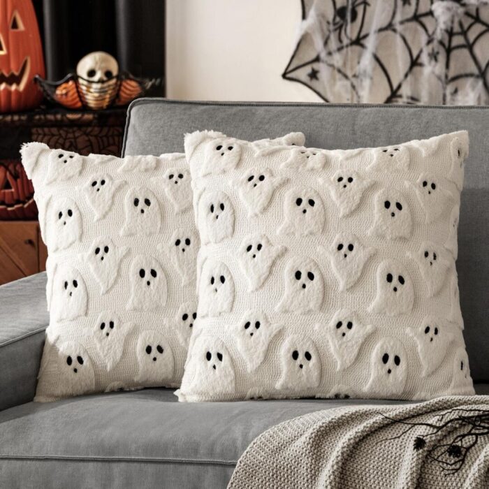 Set of 2 Halloween Ghost Pillow Covers - Soft Plush Faux Fur Decorative Cushions for Spooky Home Decor - 18x18 Inch White Throw Pillows for Couch, Sofa, Bed, and Porch - Image 11