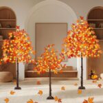 Stunning Set of 3 Pre-Lit Artificial Maple Trees - 4FT, 5FT, and 6FT with 300 LED Warm White Lights for Captivating Fall Decor - Perfect for Thanksgiving, Halloween, and Outdoor Gatherings!