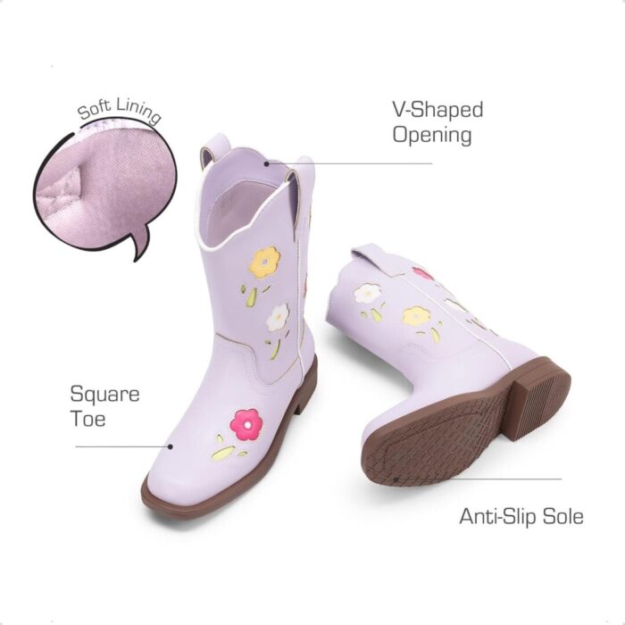 Girls' Mid Calf Cowgirl Boots - Stylish Western Flower Cowboy Boots for Toddlers, Little Kids, and Big Kids - Image 4
