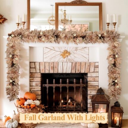 9FT Autumn Fall Garland with Timer - Illuminated Leaves, Berries, Pine Cones & Pumpkins for Stunning Home Decor