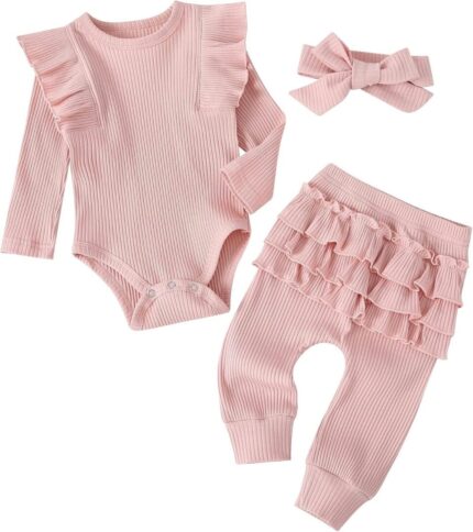 Adorable 3-Piece Baby Girl's Rib Frill Long Sleeve Romper and Pant Set