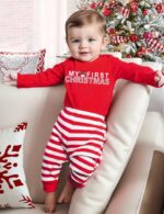Adorable  Baby Girl Christmas Outfit - Long Sleeve Rompers & Striped Pant Set for My First Christmas! - Image 2