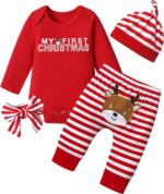 Adorable  Baby Girl Christmas Outfit - Long Sleeve Rompers & Striped Pant Set for My First Christmas!