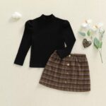 Toddler Girls' Fall 2-Piece Set: Solid Ribbed Long Sleeve Mock Neck Top with Plaid Elastic Waist Skirt - Image 2