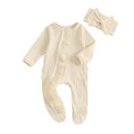 Newborn Baby Girl Fall Ensemble - Solid Ribbed Long Sleeve Zipper Front Footed Jumpsuit with Bow Headband Set - Image 9