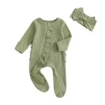 Newborn Baby Girl Fall Ensemble - Solid Ribbed Long Sleeve Zipper Front Footed Jumpsuit with Bow Headband Set - Image 8