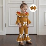 Baby Girls 3-Piece Gingerbread Man Outfit Set with Long Sleeve Jumpsuit, Headband, and Elastic Waist Flared Pants - Image 3