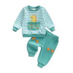 Toddler Boy Fall Outfit Set: Striped Long Sleeve Pullover with Dinosaur Embroidery and Elastic Waist Long Pants (2 Pieces)