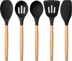 5-Piece Silicone Cooking Utensils Set with Wooden Handle - Nonstick, Heat Resistant Kitchen Tools in Khaki - Image 8