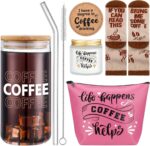 Ultimate Coffee Lovers Gift Set - 5 Piece Collection with 20 Oz Iced Drink Cups, Coasters, Socks, Makeup Bag, and Candle Jar - Perfect for Men and Women