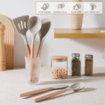 5-Piece Silicone Cooking Utensils Set with Wooden Handle - Nonstick, Heat Resistant Kitchen Tools in Khaki - Image 5
