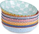 26 oz Porcelain Pasta Bowls Set of 6 - 8 Inch Wide & Shallow Serving Bowls, Microwave & Dishwasher Safe, Sturdy & Stackable in Vibrant Colors