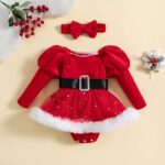 Baby Girls' Christmas Romper Dress with Patchwork Sequins, Star and Moon Design, Long Sleeve, Includes Headband, 3M-24M - Image 2