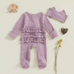 Newborn Baby Girl Fall Ensemble - Solid Ribbed Long Sleeve Zipper Front Footed Jumpsuit with Bow Headband Set - Image 6