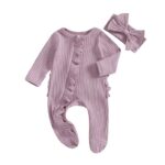 Newborn Baby Girl Fall Ensemble - Solid Ribbed Long Sleeve Zipper Front Footed Jumpsuit with Bow Headband Set - Image 10