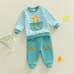 Toddler Boy Fall Outfit Set: Striped Long Sleeve Pullover with Dinosaur Embroidery and Elastic Waist Long Pants (2 Pieces) - Image 6