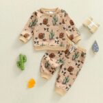 Toddler Boy Cactus Backpack Print Long Sleeve Pullover and Elastic Waist Long Pants 2-Piece Set for Fall - Image 2