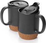 15 Oz Large Ceramic Coffee Mugs Set of 2 - Stylish Matte Grey with Cork Bottom & Spill-Proof Lid for Coffee Lovers