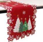 Embroidered Christmas Tree Table Runner - Festive Red & White Snowflake Design, 72 Inches Long for Holiday Dining & Coffee Table Decor