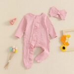 Newborn Baby Girl Fall Ensemble - Solid Ribbed Long Sleeve Zipper Front Footed Jumpsuit with Bow Headband Set - Image 3